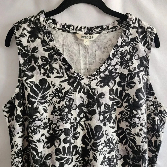 BRIGGS Linen Floral Tropical Knee Length Sleeveless Dress Pockets SZ Large - Picture 2 of 9